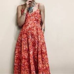 Jason Wu Orange Red Midi Paisley Dress Sundress Sun Linen Size L Vacation Party